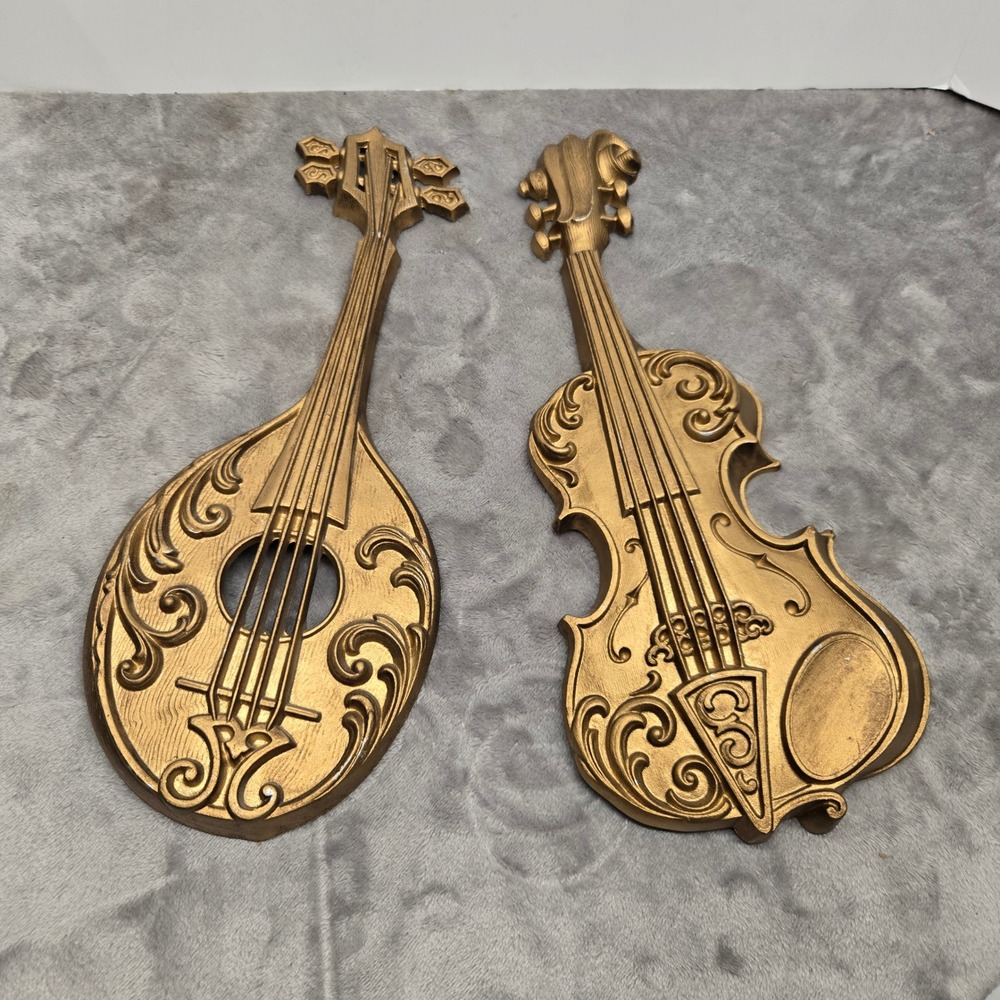Vintage‎ 1975 Sexton USA Gold Metal Musical Instrument Wall Art Violin Lute 1195
